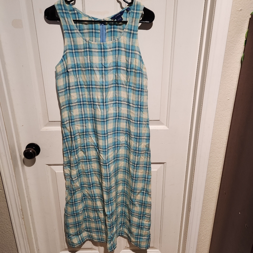J.Crew 100% linen sleeveless plaid dress resort vacation casual preppy grunge 10